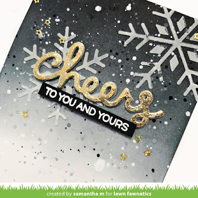 Cheers to You and Yours Card by Samantha Mann for Lawn Fawnatics Challenge, Lawn Fawn, New Years, Card Making, Handmade Cards, Distress Inks, winter, Snowflake #lawnfawnatics #lawnfawn #christmascard #cardmaking #distressinks #handamdecards