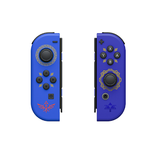 Blue Joy-Cons with decals based on the Hylian Shield on the left and the Master Sword on the right