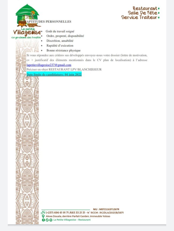 Petite Villageoise - Restaurant  recherche d'un Blanchisseur  job douala 