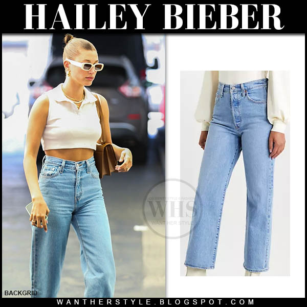 Hailey Bieber in white crop top and high rise straight jeans