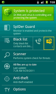 Download gratis anti virus untuk android paling lengkap dan paling populer - Dr.Web Anti-virus v6.01.7 terbaru 2012