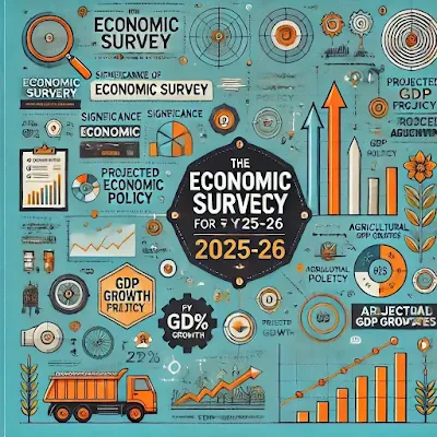 Infographic on the Economic Survey FY 2025-26, highlighting GDP growth projections, economic policy impact, agriculture, and manufacturing insights