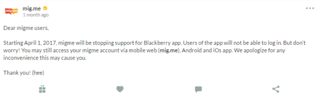 Pemberitahuan Dari @mig.me Tentang Penghentian App Migme Di Blackberry OS