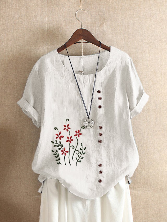 Button Flower Embroidered Short Sleeve T-shirt For Women