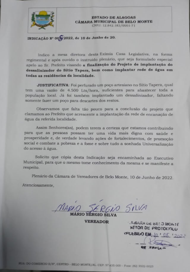 INDICAÇÃO DO VEREADOR SÉRGIO DE ZÉ PRETO DE BELO MONTE