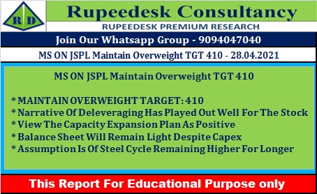 MS ON JSPL Maintain Overweight TGT 410