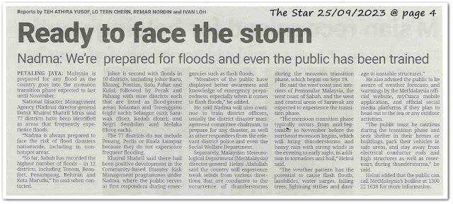 Ready to face the storm ; Nadma: We're prepared for floods and even the public has been trained - Keratan akhbar The Star 25 September 2023