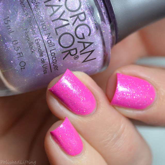 shimmer top coat over neon fuchsia nail polish