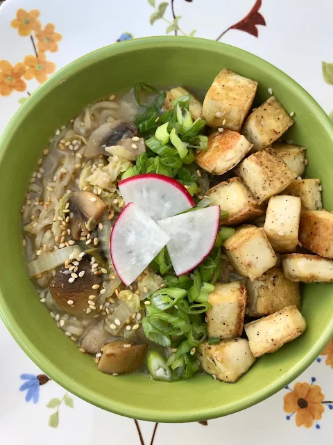 Finished bowl of tofu and mushroom miso ramen bowls.