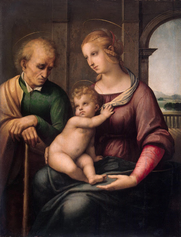 Holy Family - Madonna with Beardless Joseph (Tempera &amp; Oil on Canvas, 1505-1506 - Christianity, Religious) by Raphaello Santi