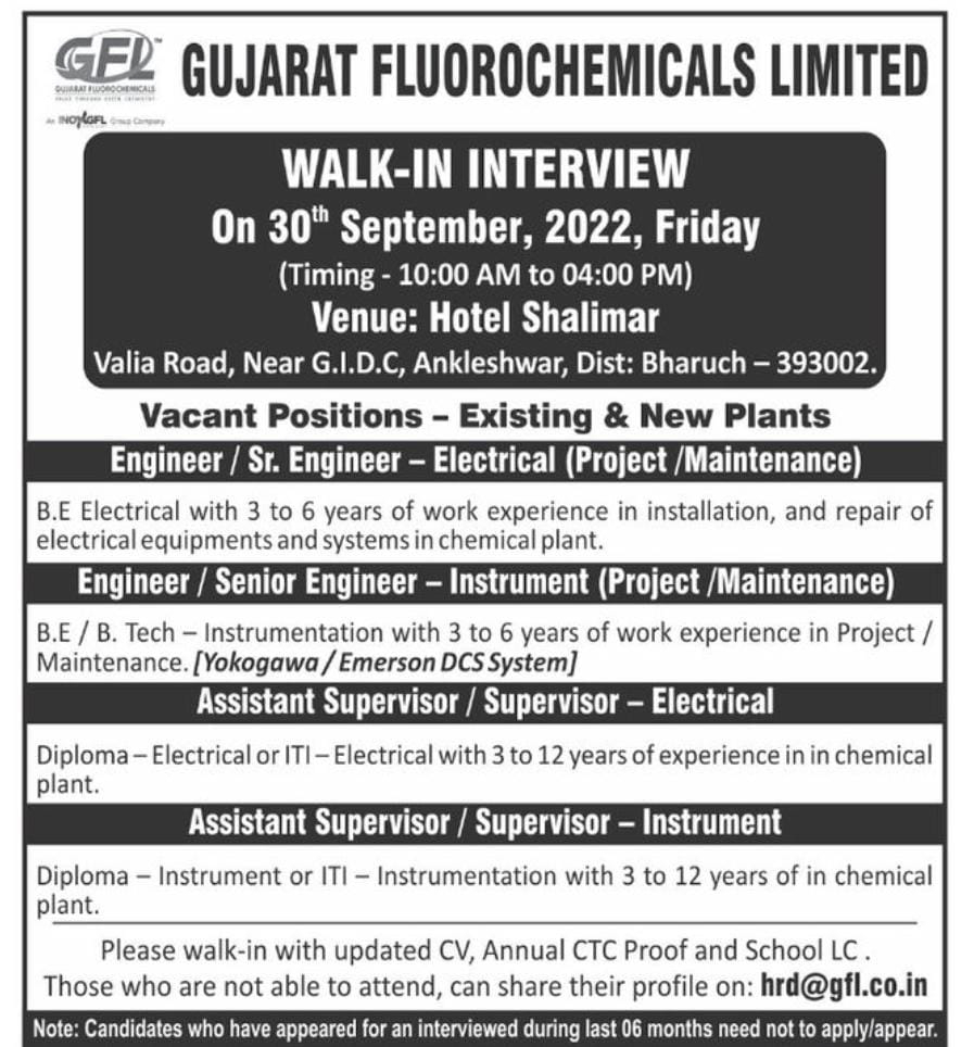 Job Available's for Gujrat Fluorochemicals Ltd Walk-In Interview for BE/ B Tech/ Diploma/ ITI Electrical/ Instrumentation