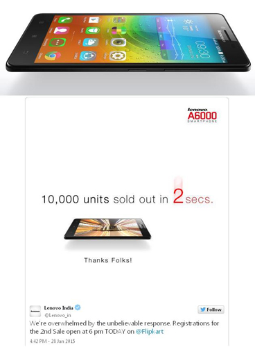 Di India, Lenovo A6000 Terjual 10.000 Unit Hanya Dalam 2 Detik