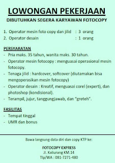 Lowongan Kerja Karyawan Potocopy Gaji UMR dan Bonus by loker magelangan blog