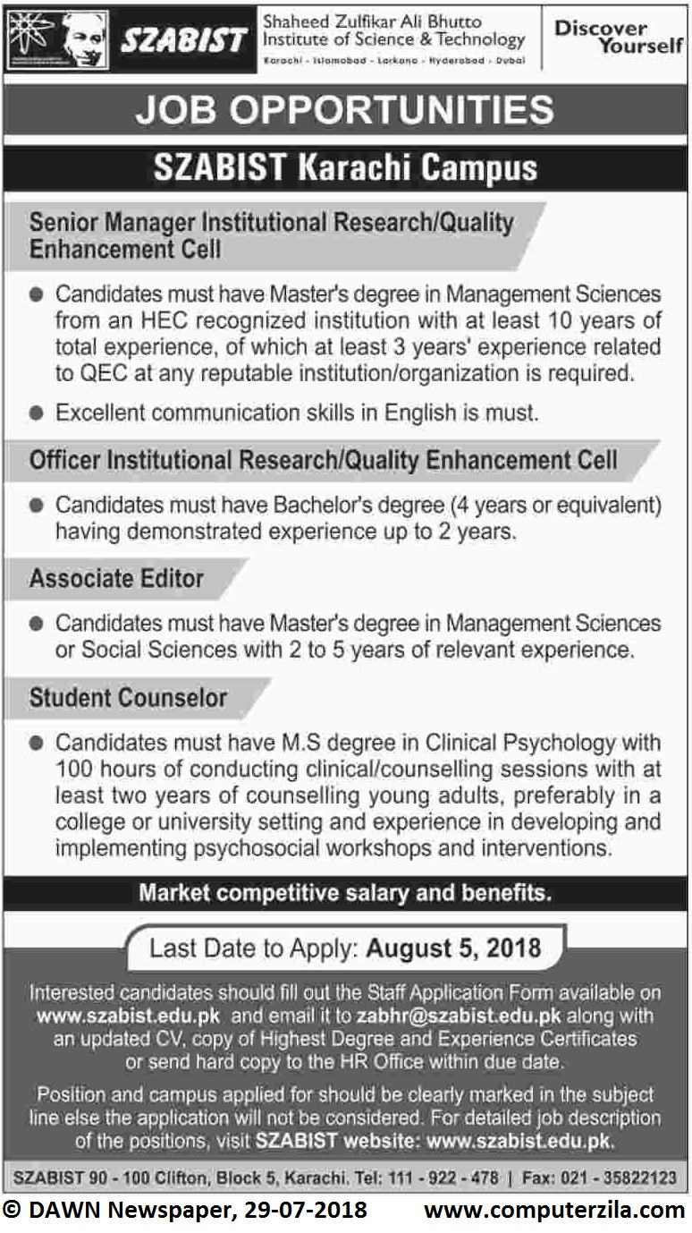 Job Opportunities at Shaheed Zulfikar Ali Bhutto Institute of Science & Technology