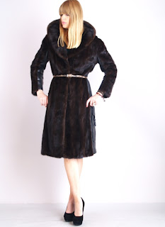 Vintage 1960's dark brown mink long fur coat with black leather panelling 