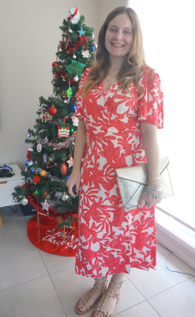 Kmart red flora printed wrap dress, studded sandals and gold envelope clutch christmas outfit | awayfromblue
