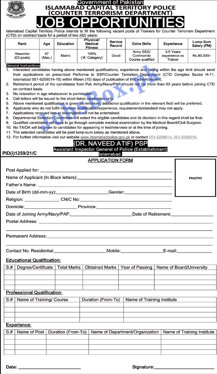 Islamabad Police Jobs 2021 – Counter Terrorism Department CTD Jobs