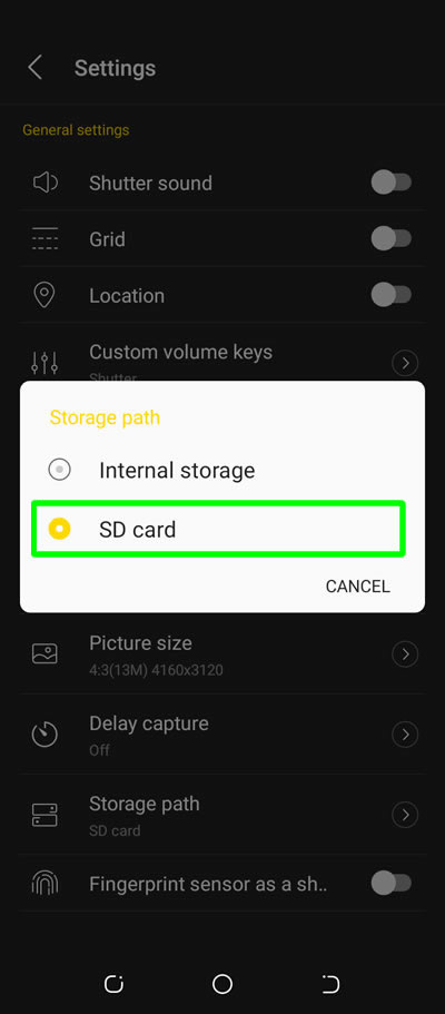 storage path set to sd card