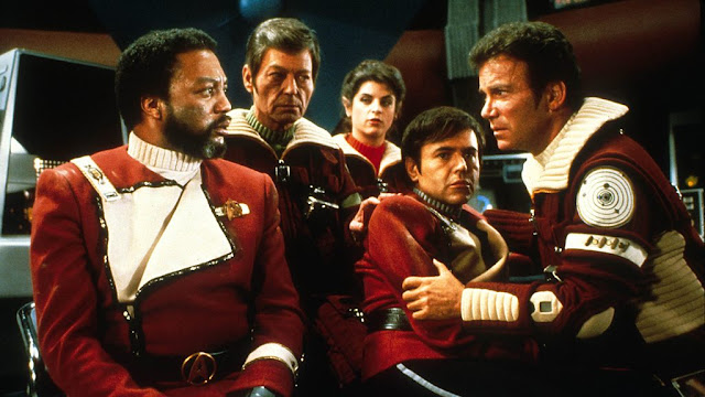 Captain Terrell (Paul Winfield), Dr. McCoy (DeForest Kelley), Saavik (Kirstie Alley), Chekov (Walter Koenig) and Kirk (William Shatner) on Regula 1