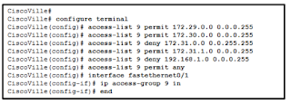 Refer to the exhibit. A network administrator has configured ACL 9 as shown. Users on the 172.31.1.0 /24 network cannot forward traffic through router CiscoVille. What is the most likely cause of the traffic failure?