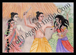 The witch Surpanakha, spurned by Rama and Lakshmana, tries to attack Sita, whereupon Lakshmana uses his arrows to cut off her nose and ears. 