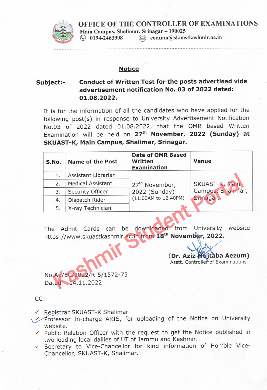 SKUAST Written Test Notice For Assistant Librarian, Medical Assistant & Other Posts