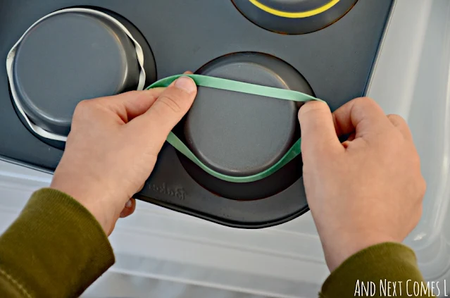 Preschool fine motor activity using a DIY geoboard made from a muffin tin