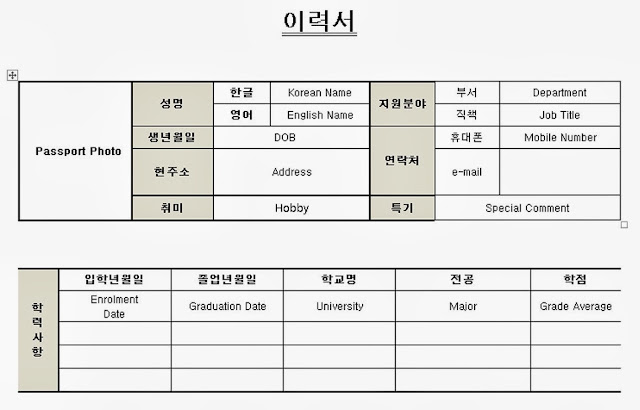 Korean job application resume template