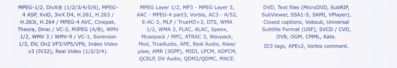 VLC media player file formats supported