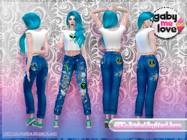 Gabymelove Sims | Sims 4 CC | Clothing: GML’s Patched Boyfriend (Mom) Jeans for women | Download, Custom Content, Contenido, personalizado, mod, gaby, love, parches, novio, mom jean, mamá, corte, alto, high, waist, mujer, dama, rotos, ripped, denim, mezclilla, pants, pantalón, pantalones, emojis, ovnis, aliens, sailor, moon, kiss, roses, fix, 2022, 2023