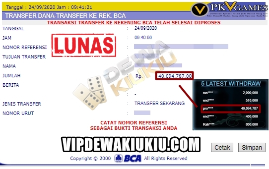 Bukti Transfer Kemenangan Member Setia DEWAKIUKIU