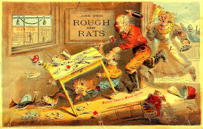 rat chased by cat being chased in turn by dog, small man with hatchet, man with raised bottle and woman with broom and iron followed in distance by policeman while baby in foreground is knocked out of high chair and dining table flips over