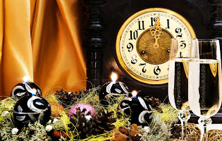 golden wrist watch,wine and black balls Happy Christmas Wallpaper