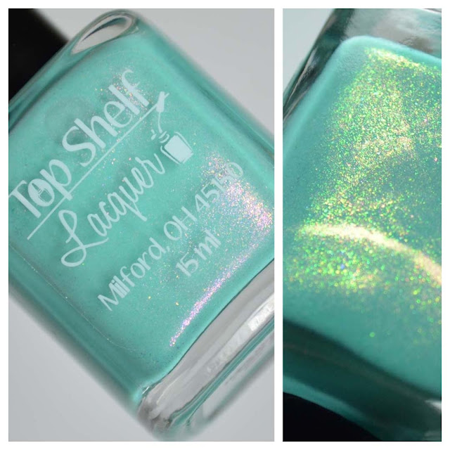 teal shimmer nail polish in a bottle