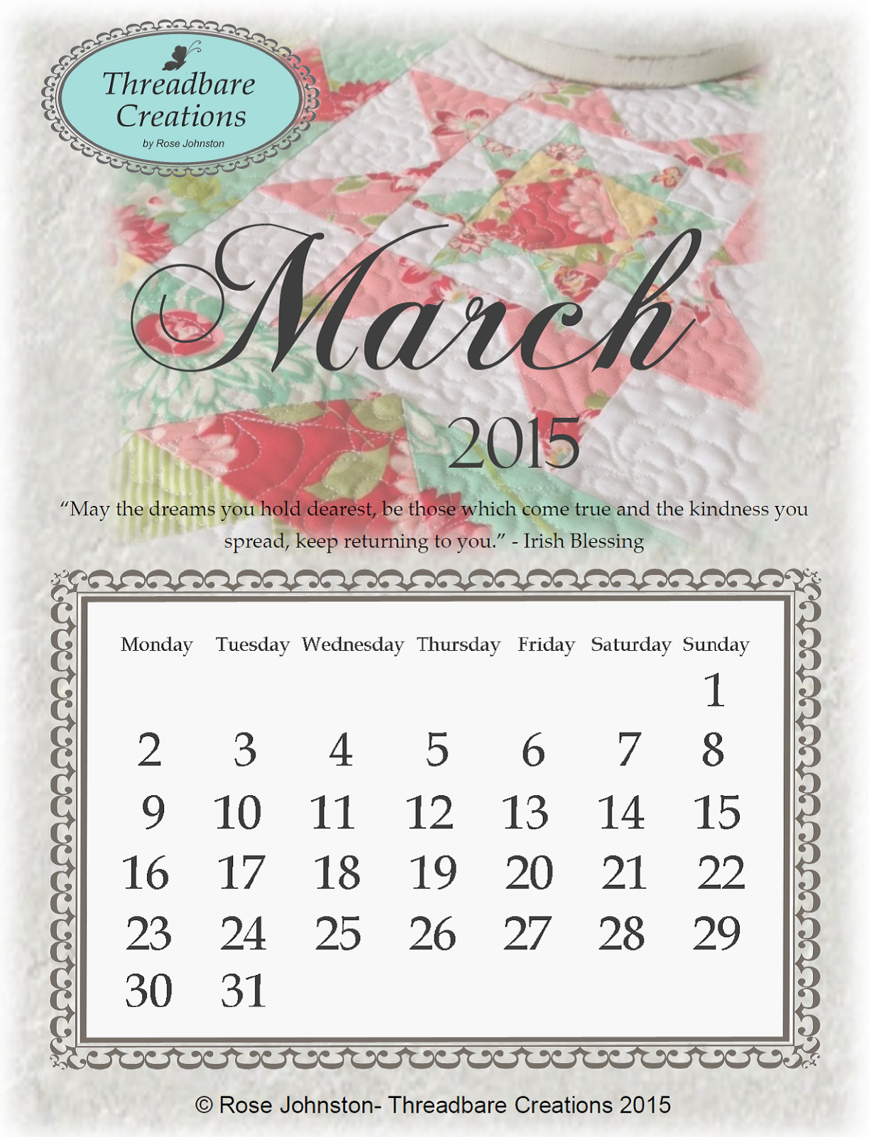 Free March 15 Calendar Threadbare Creations