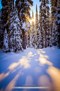 A setting sun on a winter scenic with fresh powder snow covering the area, by Chris Gardiner Photography www.cgardiner.ca at Big White Ski Resort, Okanagan