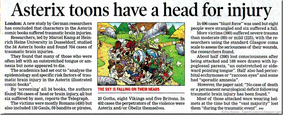 Times of India Dated 17062011 Chennai Edition Page No 17 Head Injuries in Asterix Stories