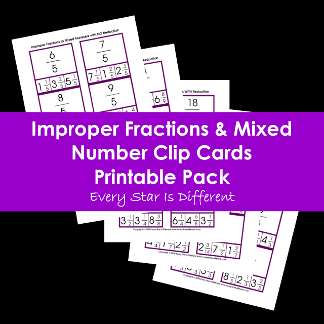 Improper Fractions and Mixed Number Clip Cards Printable Pack