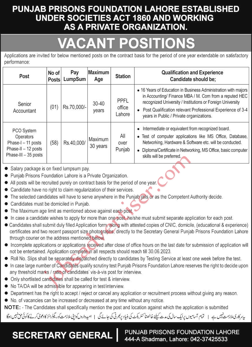 Latest Punjab Prison Foundation Jobs 2023