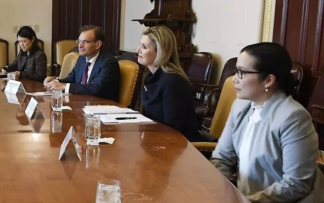 Queen Maxima met with U.S. Treasury Secretary, Janet Yellen. Queen Maxima wore a black top and black trousers by Nata