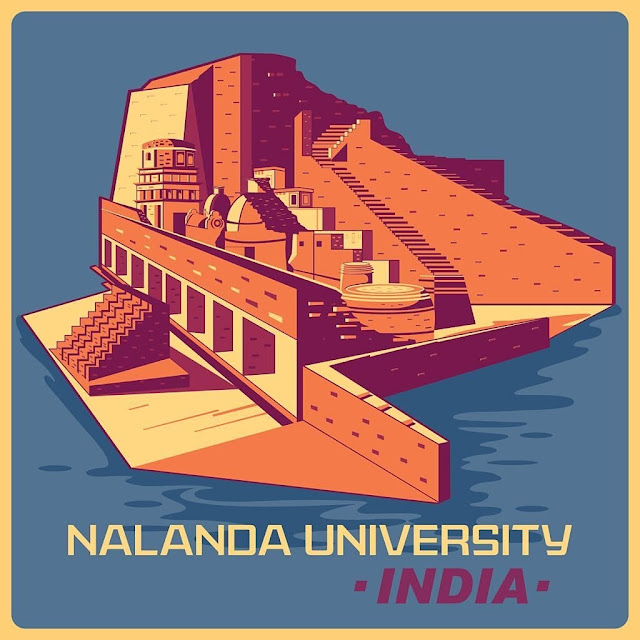 Vintage poster of Nalanda University in Bihar famous monument India