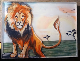 glass art, image transfer onto glass, lion glass art, lion painting