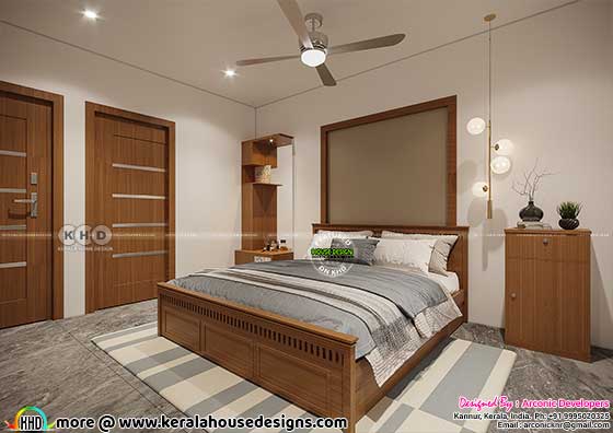 Bedroom Interior with Bed, Dressing Table, Lights, and Storage Table