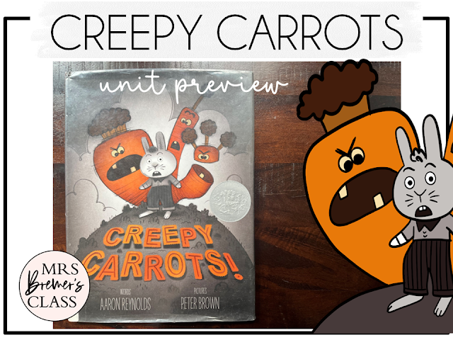 Creepy Carrots book activities unit with read aloud companion printables, reading comprehension worksheets, literacy lesson ideas, and a craft for Kindergarten, First Grade, and Second Grade