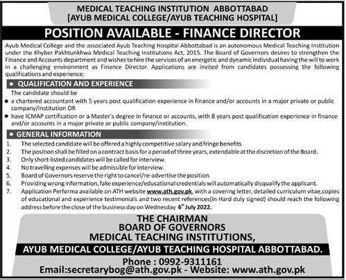 Latest Ayub Teaching Hospital Finance Posts Abbottabad 2022