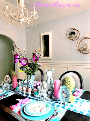 blue, white, bunnies, tablescape, eggs, Beatrix, potter, athomewithjemma.com