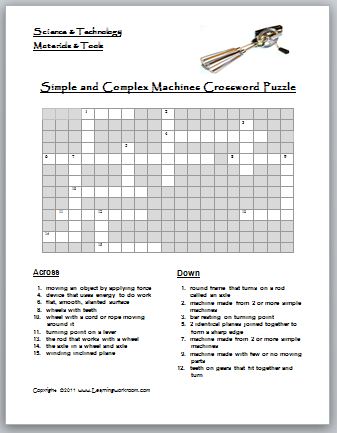 Printable Crossword Puzzles  Kids on Ideas   Grades K 8  Simple And Complex Machines Crossword Puzzle