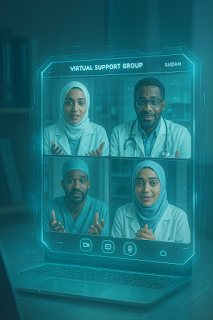 Virtual support group session showing Sudanese healthcare professionals in a video call, providing peer mental health support in conflict-affected settings. AI-generated image.