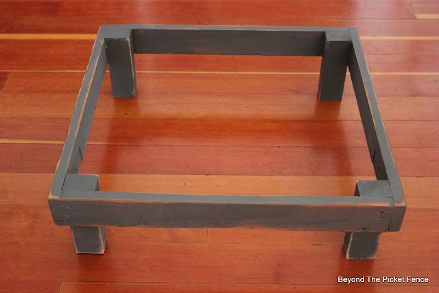 footstool, ottoman, upholstered, DIY, pillow ticking, upcycled, http://bec4-beyondthepicketfence.blogspot.com/2016/03/the-accidental-footstool.html