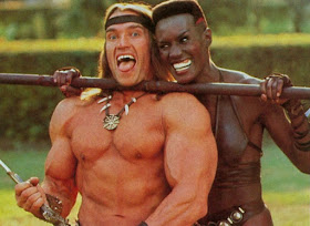 Arnold Schwarzenegger y Grace Jones en el rodaje de Conan el Destructor